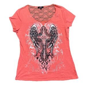 Ransom Women’s XL Pink Scoop Neck Lace Yoke Cross Wing Graphic Tee